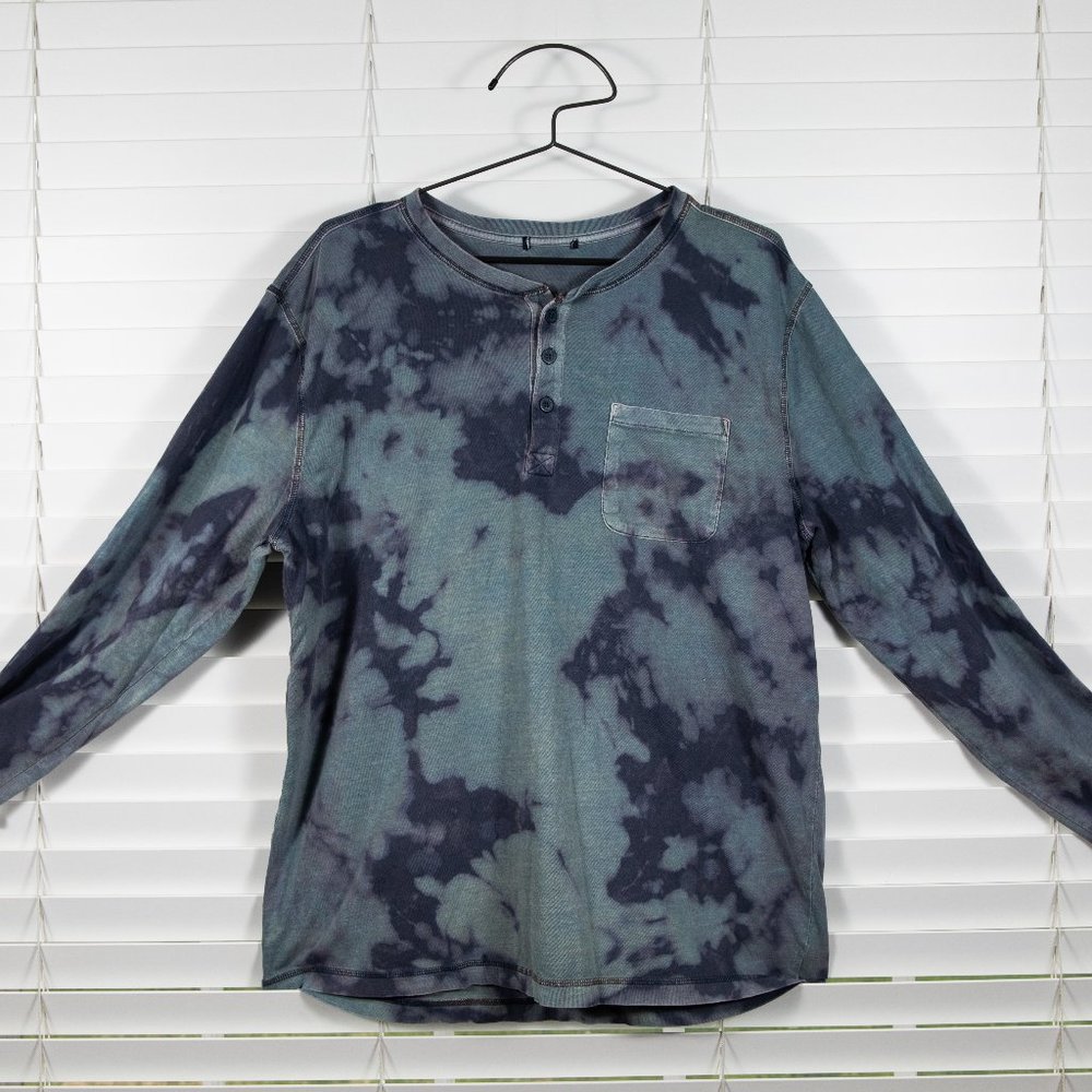 Upcycled Bleach Dyed Men's Blue Henley with Pocket